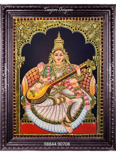 Authentic Saraswathi Devi Tanjore painting with veena and gold foil work